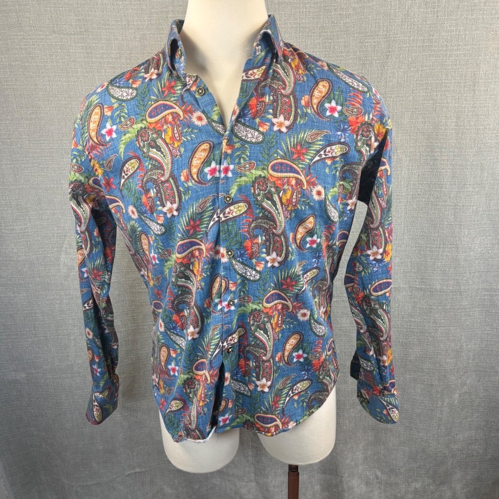 Visconti Black Mens Blue‎ Paisley Floral Tropical Button Up Long Sleeve Shirt
